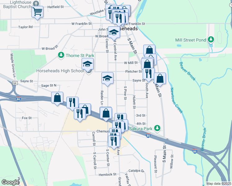 map of restaurants, bars, coffee shops, grocery stores, and more near in Horseheads