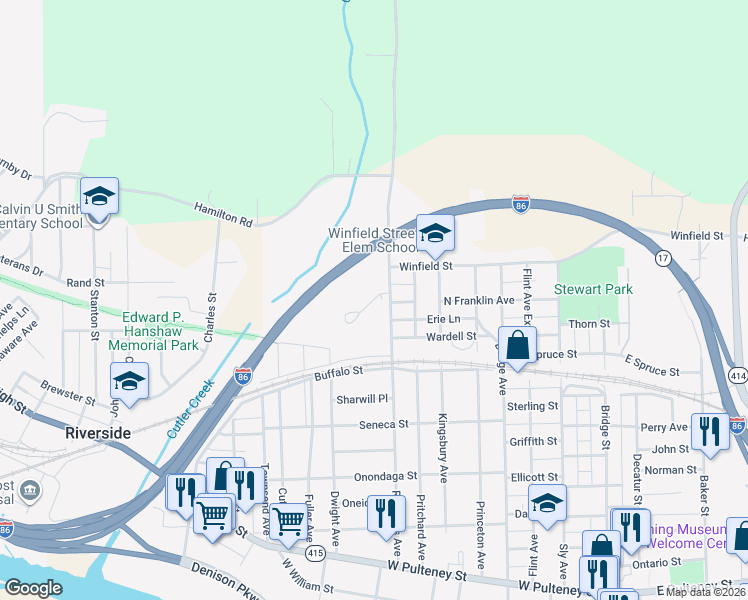 map of restaurants, bars, coffee shops, grocery stores, and more near 29 Lamphear Court in Corning