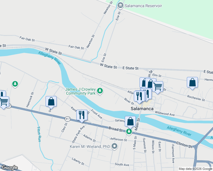 map of restaurants, bars, coffee shops, grocery stores, and more near 168 River Street in Salamanca