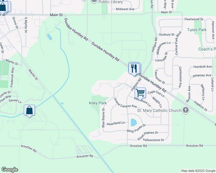 map of restaurants, bars, coffee shops, grocery stores, and more near 10917 Cape Cod Lane in Huntley