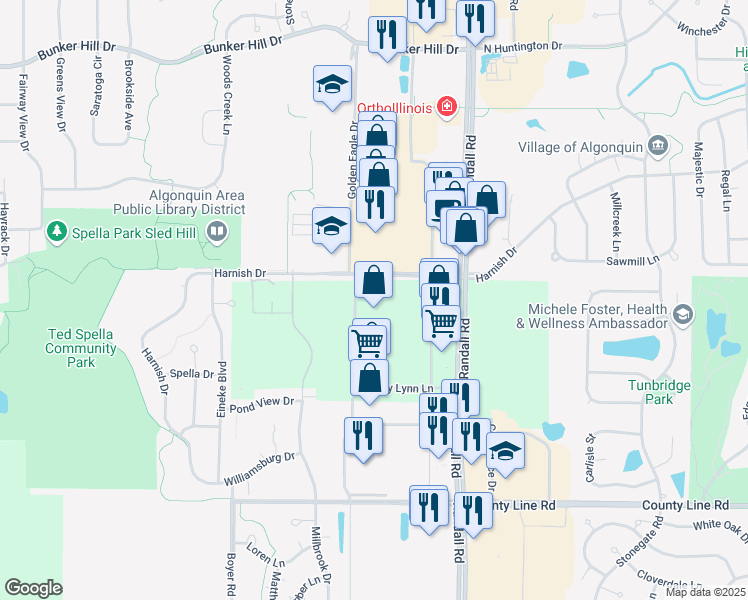 map of restaurants, bars, coffee shops, grocery stores, and more near 800 South Randall Road in Algonquin