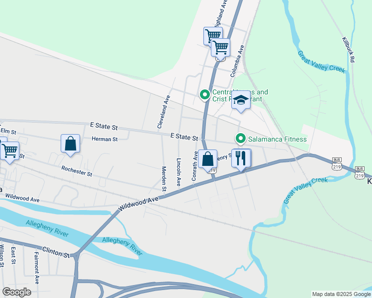 map of restaurants, bars, coffee shops, grocery stores, and more near 102 Lincoln Ave in Salamanca