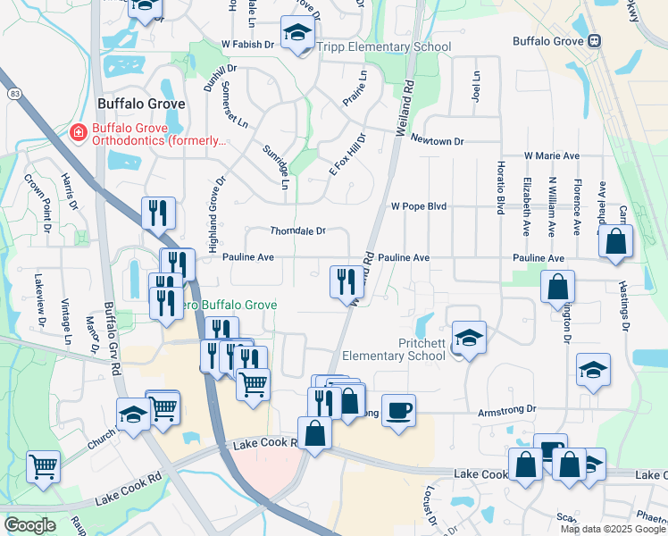 map of restaurants, bars, coffee shops, grocery stores, and more near 444 Thorndale Court in Buffalo Grove