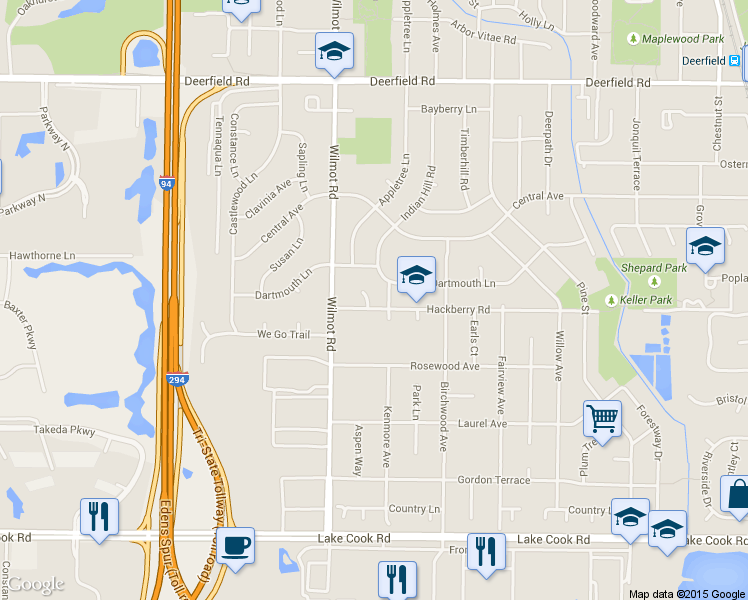 map of restaurants, bars, coffee shops, grocery stores, and more near 1508 Hackberry Road in Deerfield