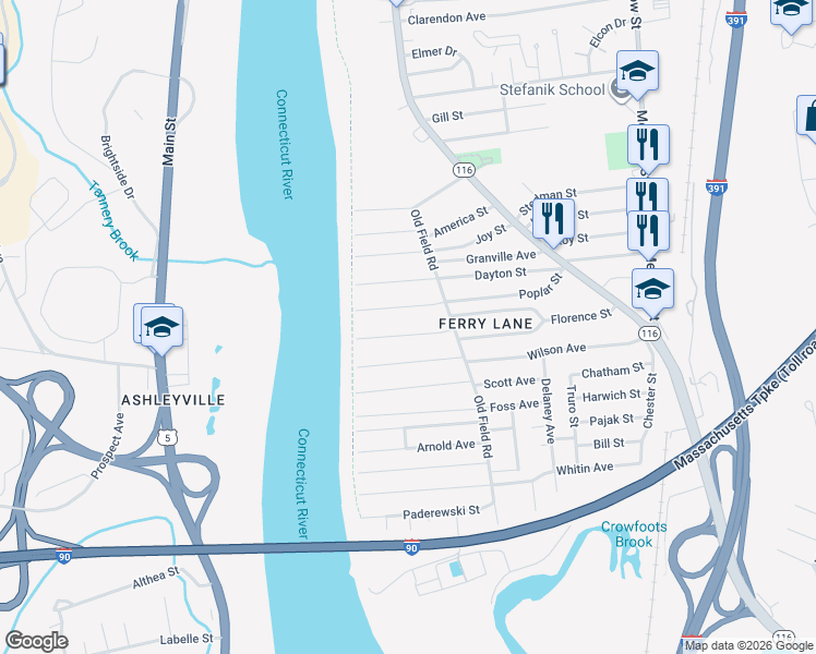 map of restaurants, bars, coffee shops, grocery stores, and more near 66 Lapa Farm Road in Chicopee