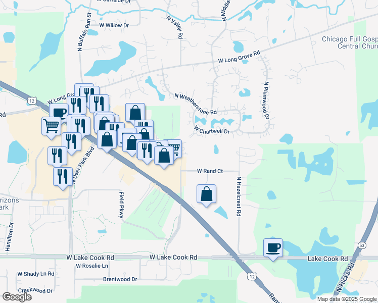 map of restaurants, bars, coffee shops, grocery stores, and more near 20451 North Plum Grove Road in Palatine