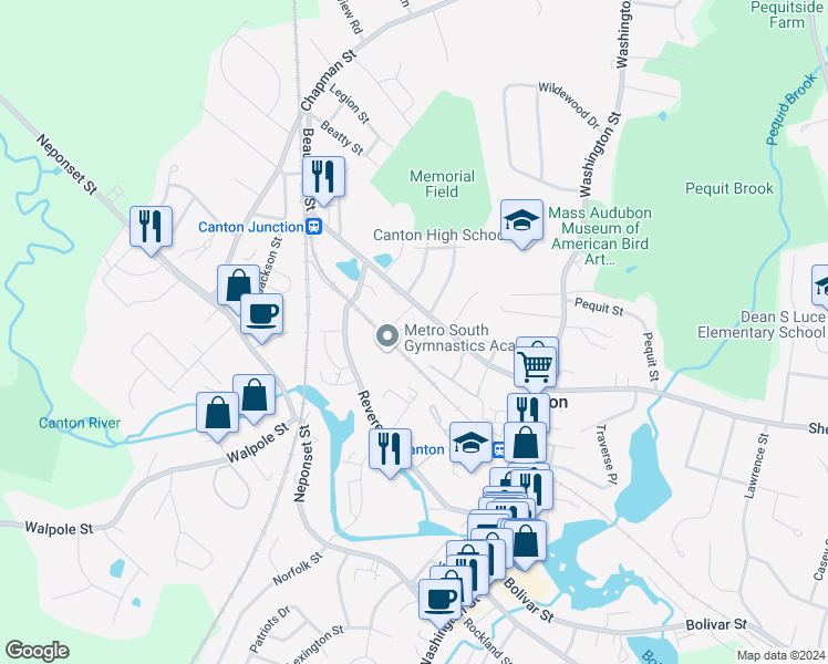 map of restaurants, bars, coffee shops, grocery stores, and more near 3 Dewitt Avenue in Canton