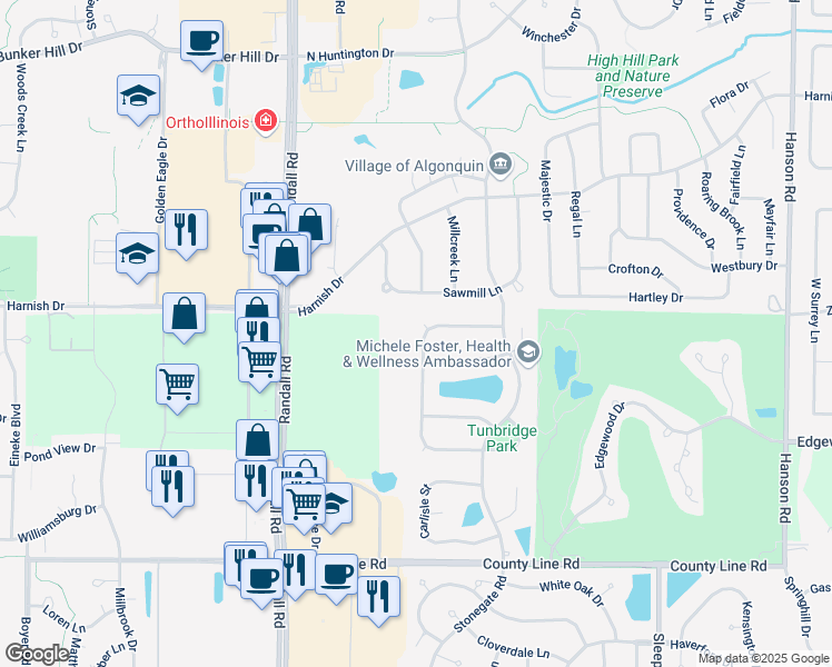 map of restaurants, bars, coffee shops, grocery stores, and more near 1220 Tunbridge Trail in Algonquin