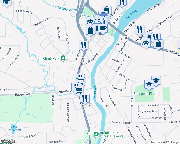 map of restaurants, bars, coffee shops, grocery stores, and more near 8 Center Street in Algonquin