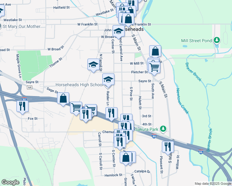 map of restaurants, bars, coffee shops, grocery stores, and more near 821 Center Street in Horseheads