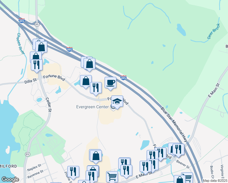 map of restaurants, bars, coffee shops, grocery stores, and more near 250 Fortune Boulevard in Milford