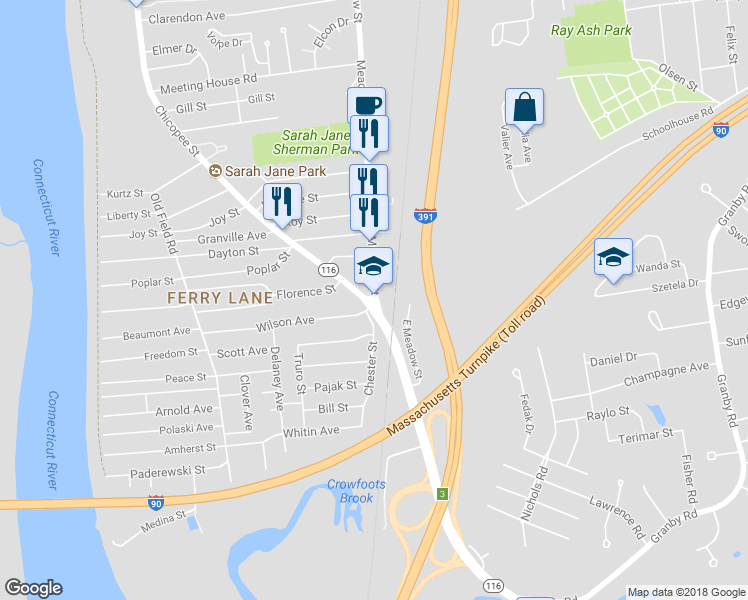 map of restaurants, bars, coffee shops, grocery stores, and more near 1040 Meadow Street in Chicopee