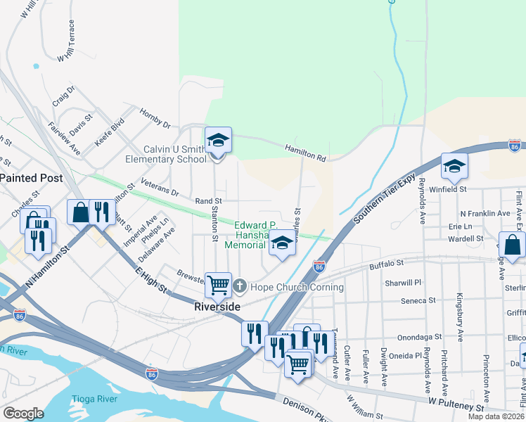 map of restaurants, bars, coffee shops, grocery stores, and more near 10304 Elmhurst Circle in Corning