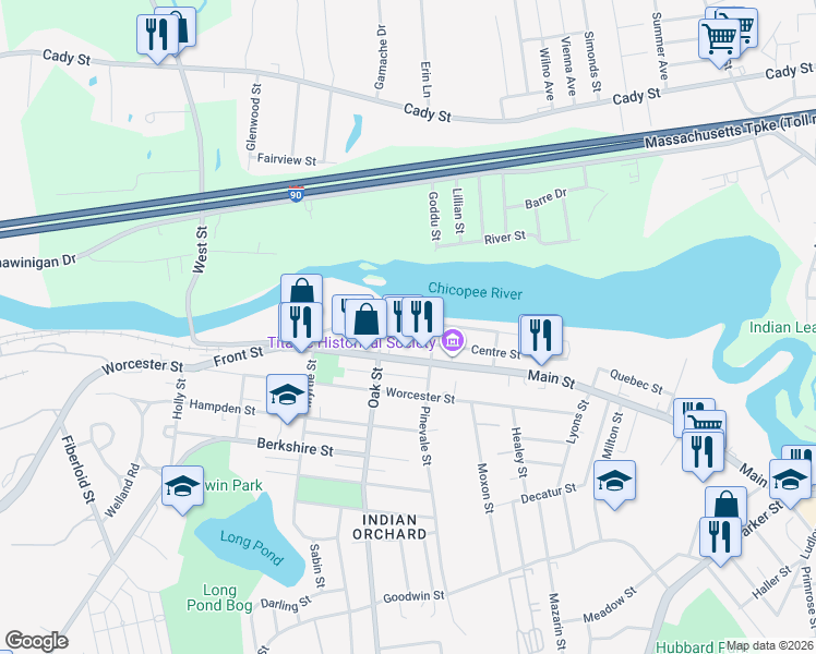 map of restaurants, bars, coffee shops, grocery stores, and more near 13 Oak Street in Springfield