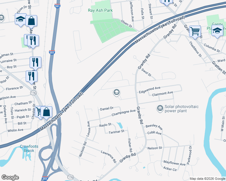 map of restaurants, bars, coffee shops, grocery stores, and more near 97 Szetela Drive in Chicopee