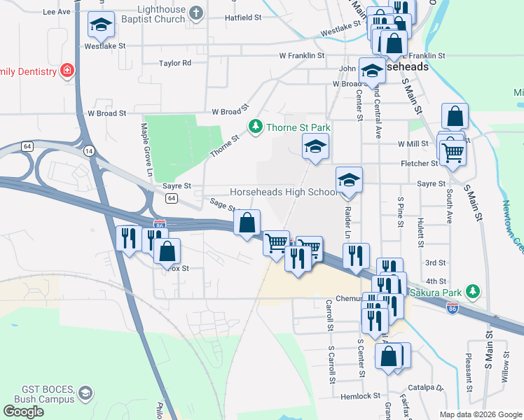 map of restaurants, bars, coffee shops, grocery stores, and more near 231 South Sage Circle in Horseheads