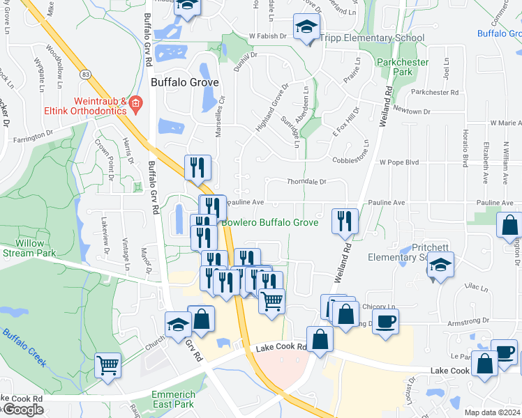 map of restaurants, bars, coffee shops, grocery stores, and more near 4 Buckingham Lane in Buffalo Grove