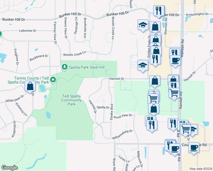 map of restaurants, bars, coffee shops, grocery stores, and more near 830 Eineke Boulevard in Algonquin