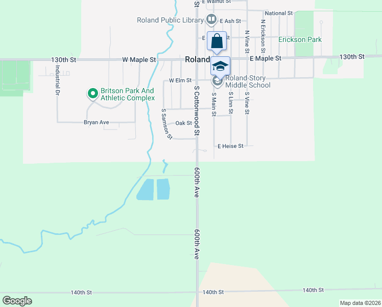 map of restaurants, bars, coffee shops, grocery stores, and more near 518 South Cottonwood Street in Roland