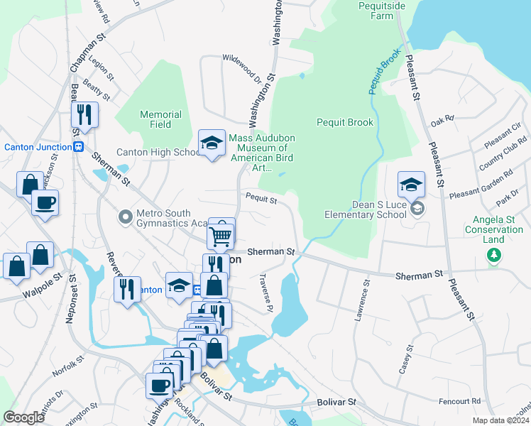 map of restaurants, bars, coffee shops, grocery stores, and more near 875 Washington Street in Canton
