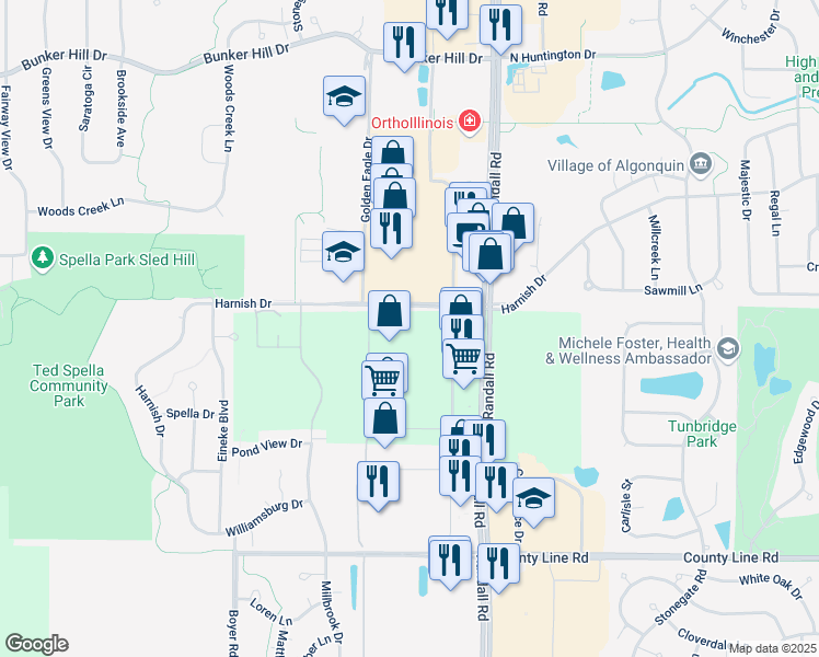 map of restaurants, bars, coffee shops, grocery stores, and more near 800 South Randall Road in Algonquin
