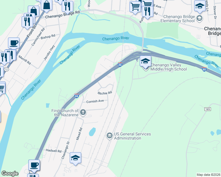 map of restaurants, bars, coffee shops, grocery stores, and more near 29 Ritchie Rd in Binghamton
