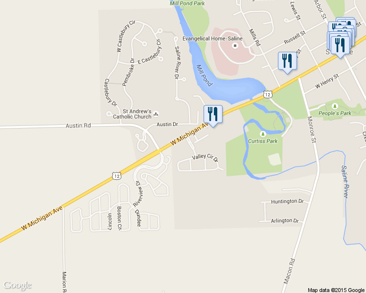 map of restaurants, bars, coffee shops, grocery stores, and more near 901 West Michigan Avenue in Saline