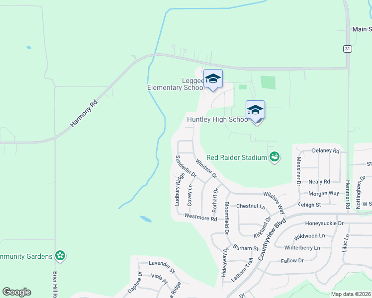 map of restaurants, bars, coffee shops, grocery stores, and more near 14023 Sterling Lane in Huntley