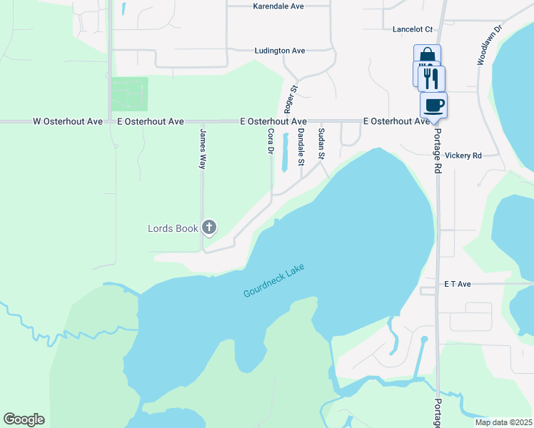 map of restaurants, bars, coffee shops, grocery stores, and more near 10753 Cora Drive in Portage