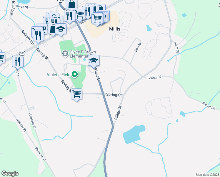 map of restaurants, bars, coffee shops, grocery stores, and more near 7 Castle Road in Millis