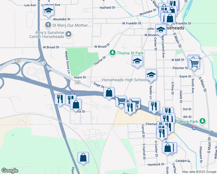 map of restaurants, bars, coffee shops, grocery stores, and more near 308 Manor Dr in Horseheads