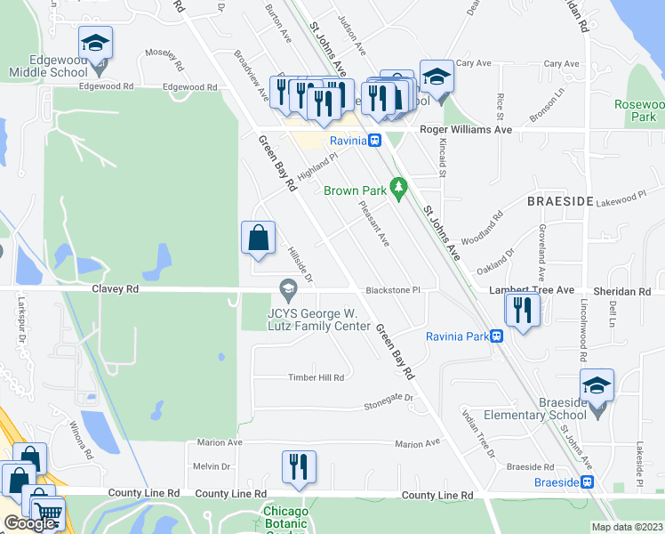 map of restaurants, bars, coffee shops, grocery stores, and more near 444 Green Bay Road in Highland Park