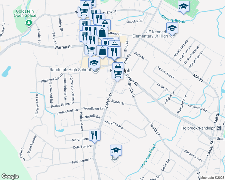 map of restaurants, bars, coffee shops, grocery stores, and more near 63 South Main Street in Randolph