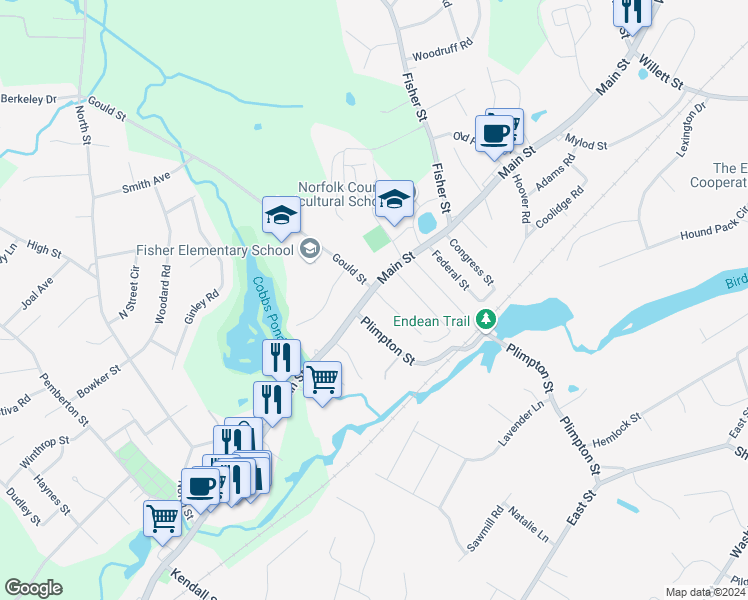 map of restaurants, bars, coffee shops, grocery stores, and more near 445 Main Street in Walpole