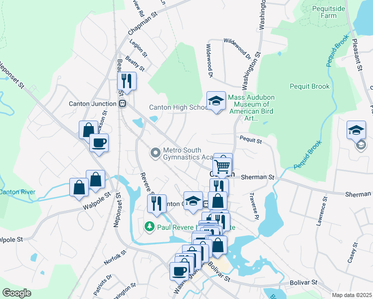 map of restaurants, bars, coffee shops, grocery stores, and more near 1 Burns Avenue in Canton