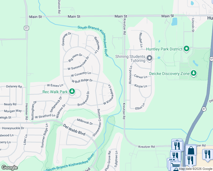 map of restaurants, bars, coffee shops, grocery stores, and more near 12751 West Kishwaukee Lane in Huntley