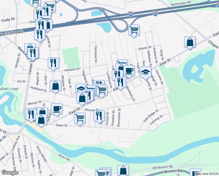 map of restaurants, bars, coffee shops, grocery stores, and more near 11 Lockland Street in Ludlow