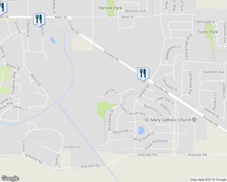 map of restaurants, bars, coffee shops, grocery stores, and more near 10917 Cape Cod Lane in Huntley