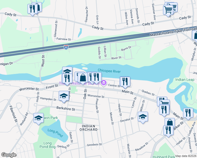 map of restaurants, bars, coffee shops, grocery stores, and more near 267 Water Street in Springfield