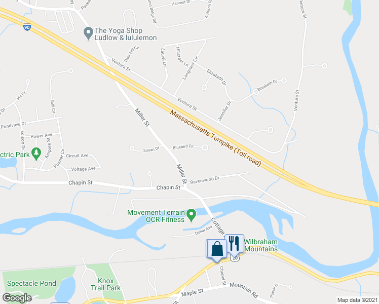 map of restaurants, bars, coffee shops, grocery stores, and more near 44-46 Bluebird Circle in Ludlow