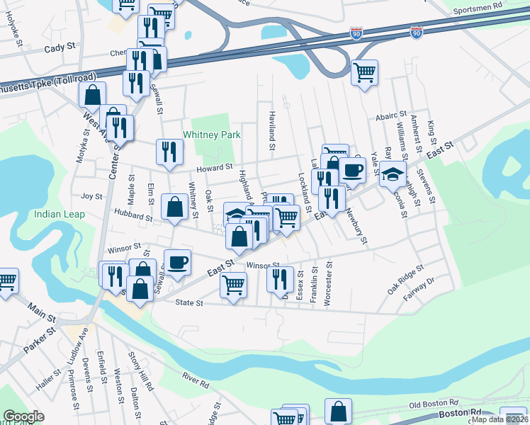 map of restaurants, bars, coffee shops, grocery stores, and more near 38 Prospect Street in Ludlow
