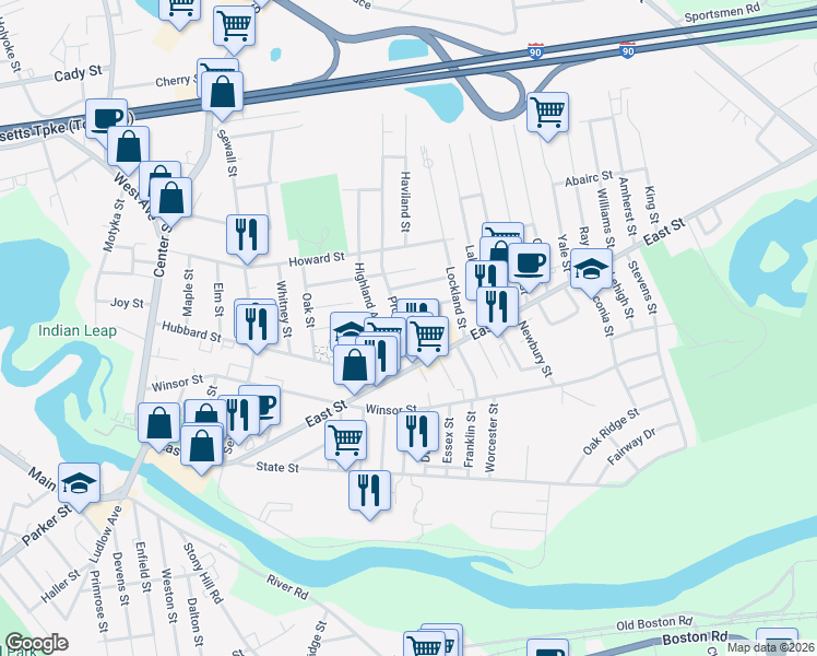 map of restaurants, bars, coffee shops, grocery stores, and more near 38 Prospect Street in Ludlow