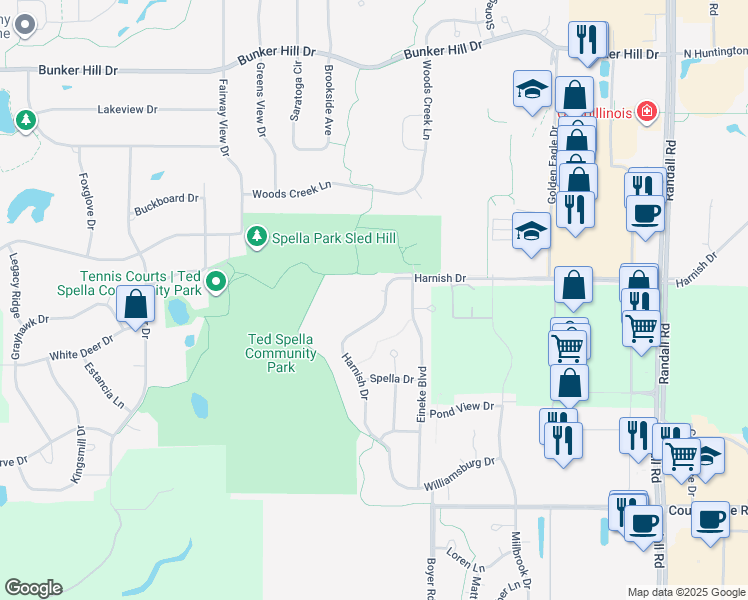 map of restaurants, bars, coffee shops, grocery stores, and more near 2680 Harnish Drive in Algonquin