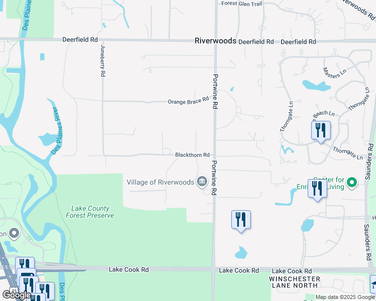 map of restaurants, bars, coffee shops, grocery stores, and more near 2880 Blackthorn Road in Riverwoods