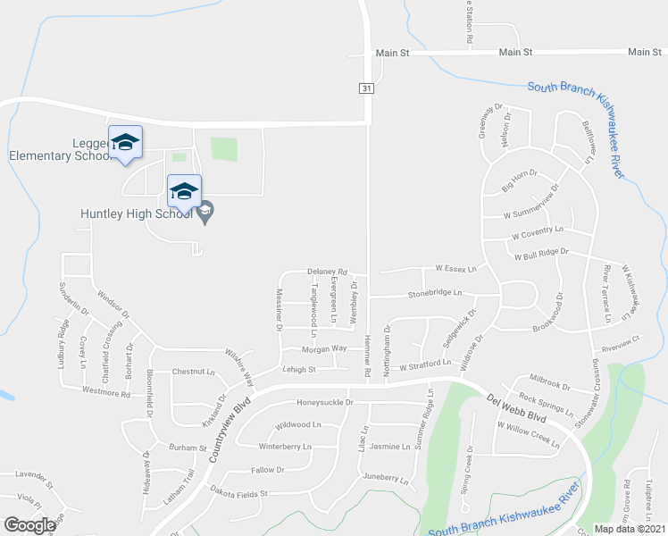map of restaurants, bars, coffee shops, grocery stores, and more near 13432 Delaney Road in Huntley