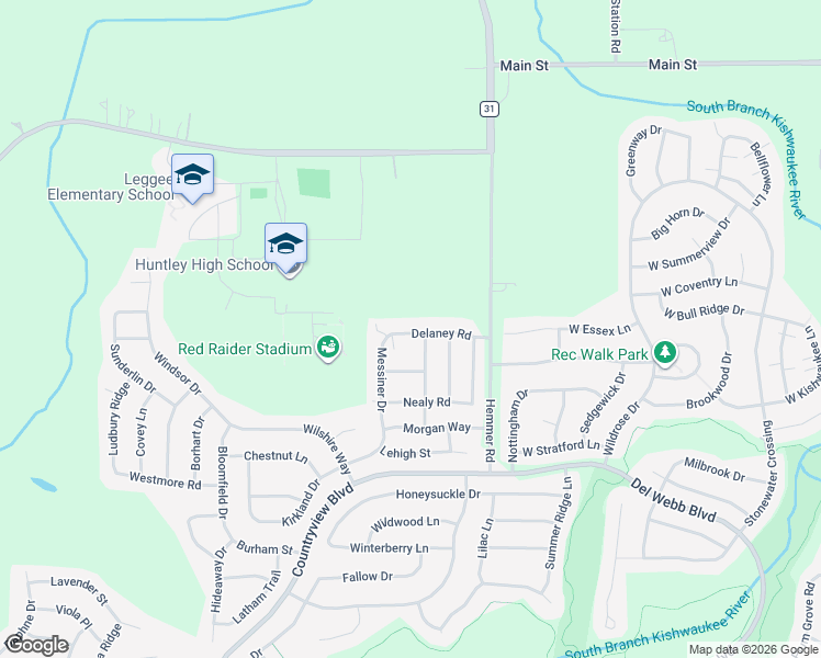 map of restaurants, bars, coffee shops, grocery stores, and more near 13512 Delaney Road in Huntley