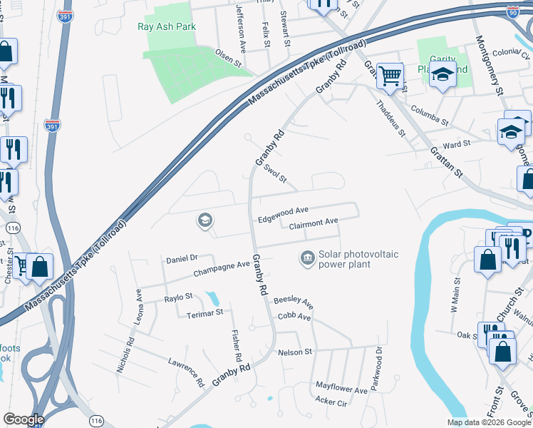 map of restaurants, bars, coffee shops, grocery stores, and more near 28 Edgewood Avenue in Chicopee