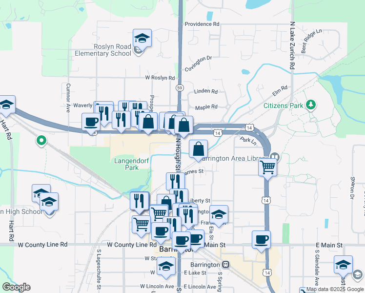 map of restaurants, bars, coffee shops, grocery stores, and more near 541 North Hough Street in Barrington