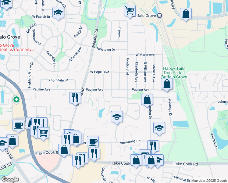 map of restaurants, bars, coffee shops, grocery stores, and more near 445 Ridgewood Lane in Buffalo Grove