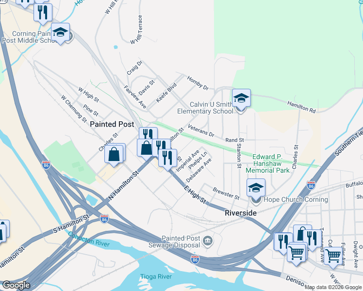 map of restaurants, bars, coffee shops, grocery stores, and more near 353 Olive St in Painted Post